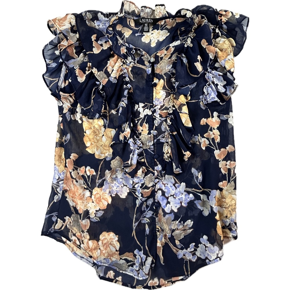 Lauren Ralph Lauren Blouse Womens SP Small Petite Navy Floral Ruffle Sheer Top
